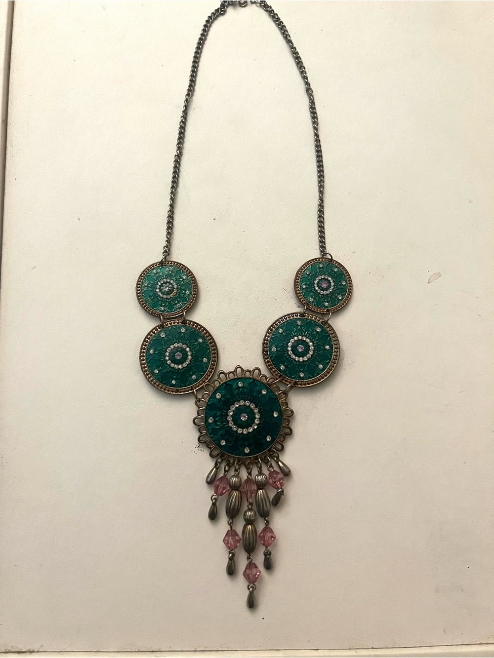 Women’s Green Statement Pendant Necklace with Pink Accents